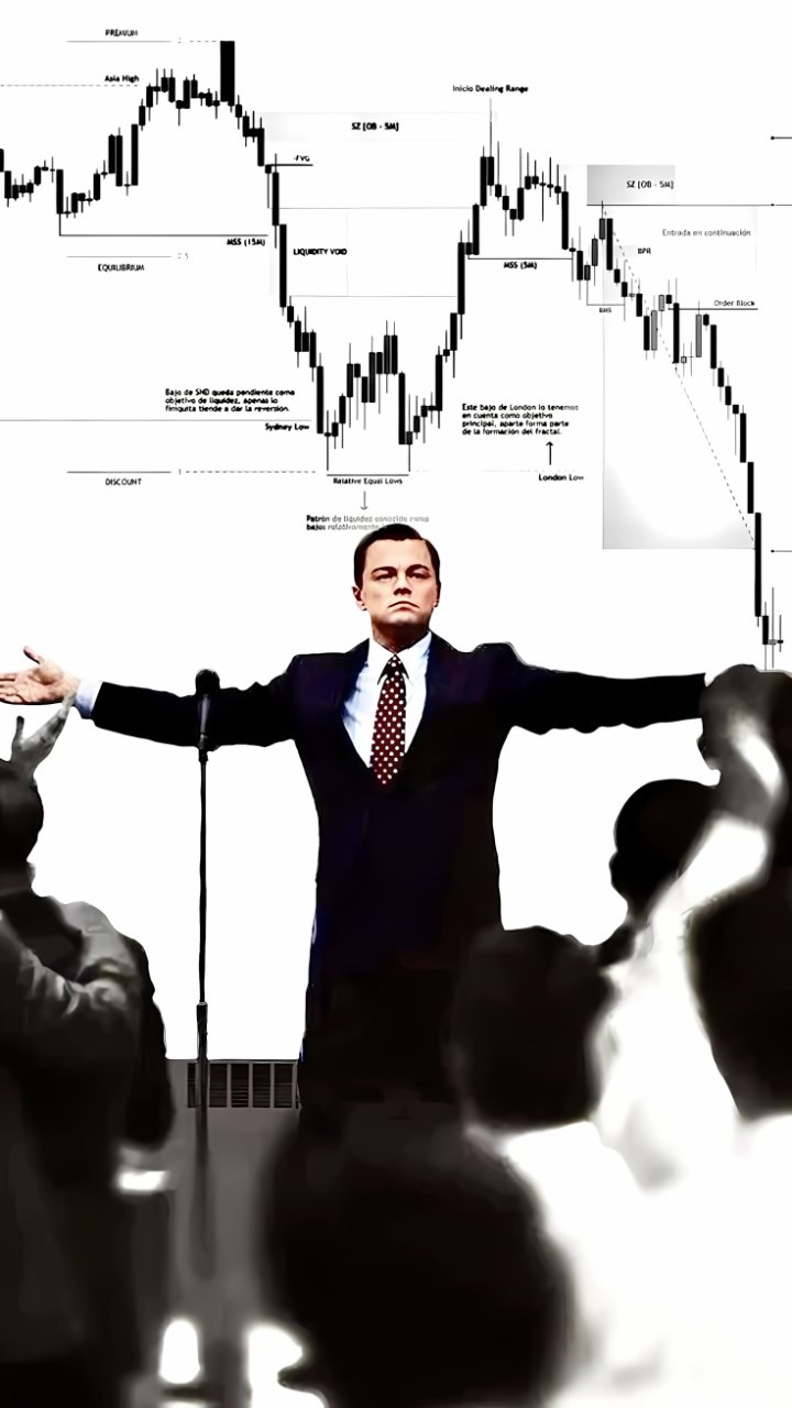 Leonardo DiCaprio as Jordan Belfort stands with outstretched arms beneath a labeled trading chart, surrounded by blurred figures.