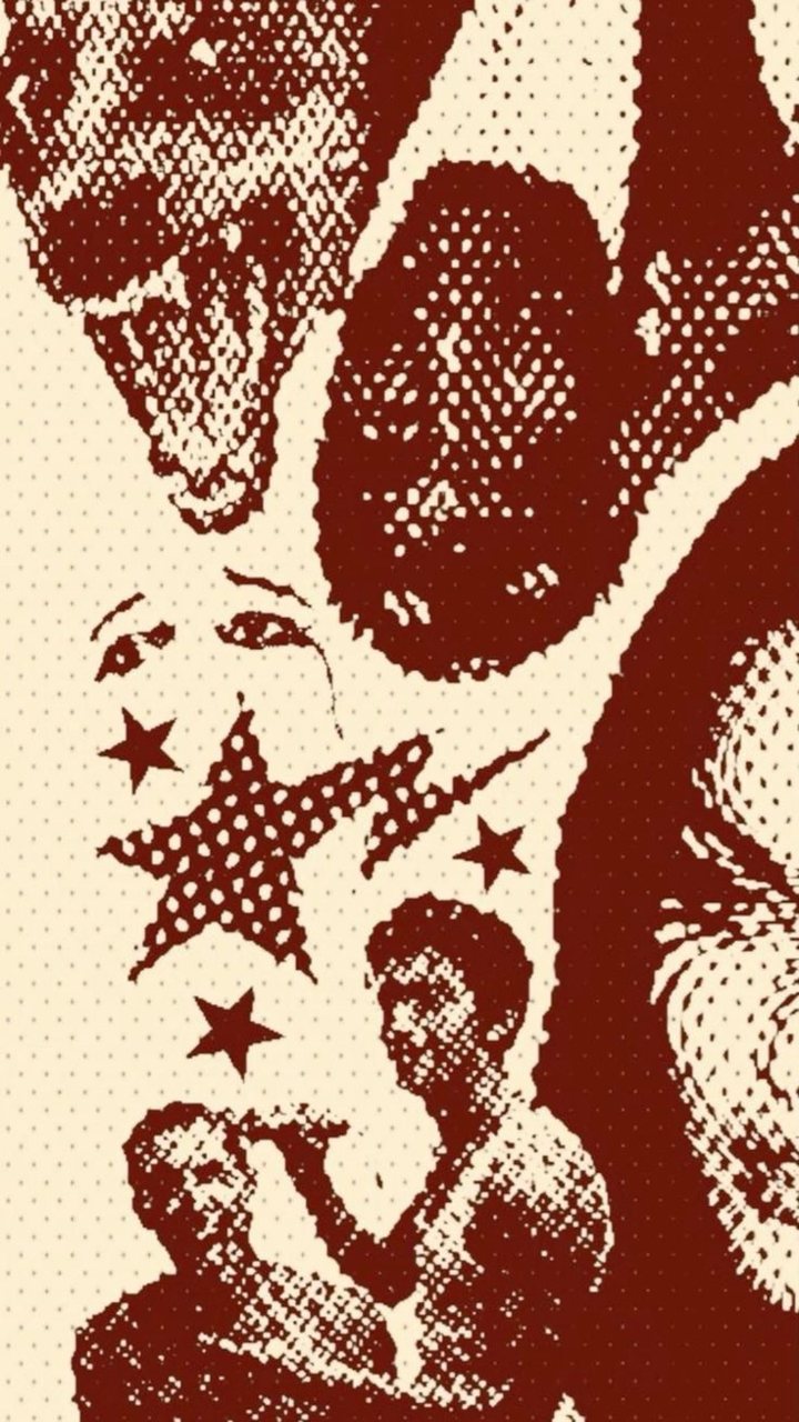 Red and cream halftone collage with stylized portraits, star shapes, and retro graphic textures in a vertical phone wallpaper.