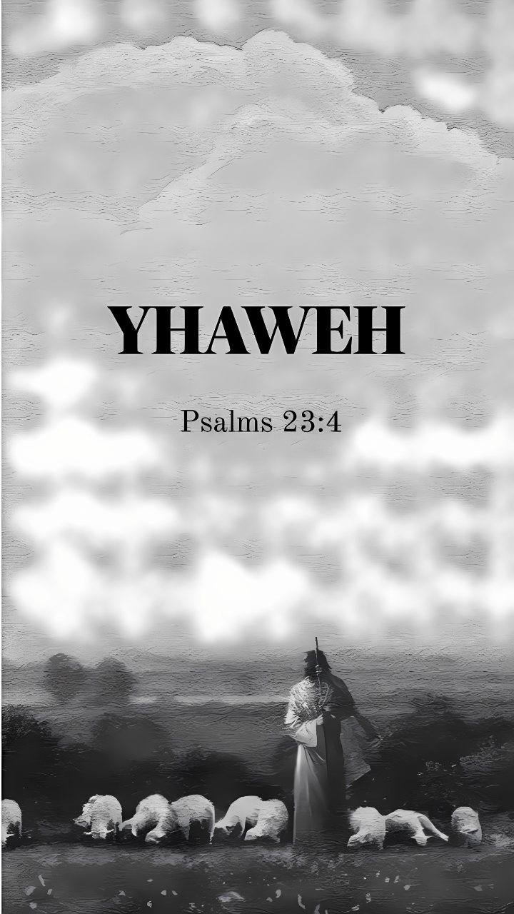 Grayscale Christian wallpaper showing the text YHWH and Psalms 23:4 above a shepherd standing among sheep under a cloudy sky.