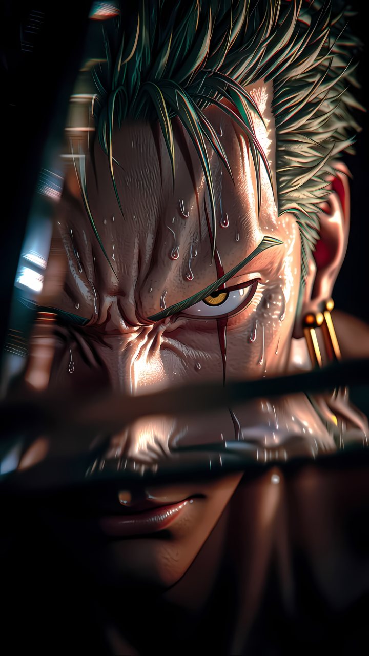 Close-up anime warrior with wet spiked hair, facial sweat, one glowing golden eye, and deep shadows across the lower face.